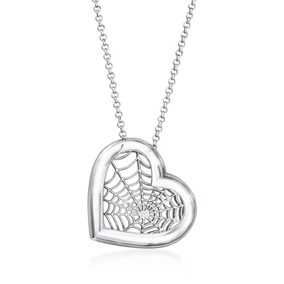 Ross-simons Italian Sterling Silver Spider Web Heart Necklace In Metallic