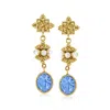 Ross-simons Italian Tagliamonte Blue Venetian Glass And 4-4.5mm Cultured Pearl Drop Earrings In 18kt Gold Over S