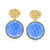 Ross-simons Italian Tagliamonte Blue Venetian Glass Medusa Drop Earrings In 18kt Gold Over Sterling In Yellow