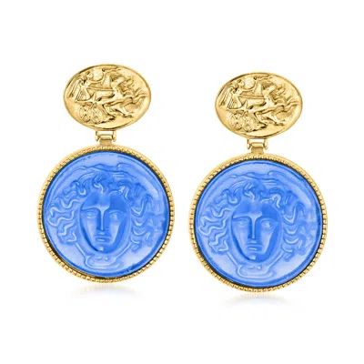 Ross-simons Italian Tagliamonte Blue Venetian Glass Medusa Drop Earrings In 18kt Gold Over Sterling In Yellow