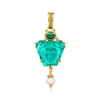 Ross-simons Italian Tagliamonte Green Venetian Glass, Malachite And 7.5-8mm Cultured Pearl Medusa Pendant In 18k In Yellow