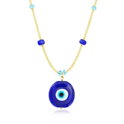 Ross-simons Italian Tonal Blue And Golden-colored Murano Glass Bead Evil Eye Necklace With 18kt Gold Over Sterli