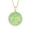 Ross-simons Jade And White Zircon "double Happiness" Pendant Necklace In 18kt Gold Over Sterling In Green
