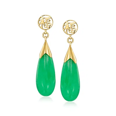 Ross-simons Jade "good Fortune" Drop Earrings In 14kt Yellow Gold In Green