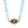 Ross-simons Lapis, Diamond And Aquamarine Bead Evil Eye Necklace With 18kt Gold Over Sterling In Blue