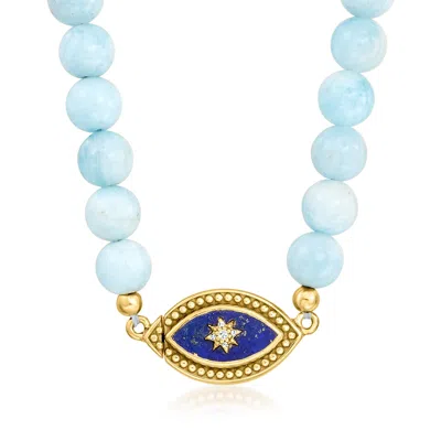 Ross-simons Lapis, Diamond And Aquamarine Bead Evil Eye Necklace With 18kt Gold Over Sterling In Blue
