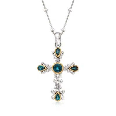 Ross-simons London Blue Topaz Cross Pendant Necklace In Sterling Silver And 14kt Yellow Gold In Multi