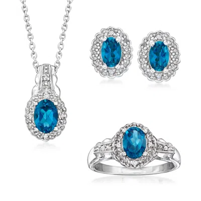 Ross-simons London Blue Topaz Jewelry Set With White Topaz Accents: Pendant Necklace, Earrings And Ring In Sterl In Metallic