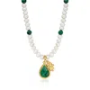 Ross-simons Malachite And 5-5.5mm Cultured Pearl Hamsa Charm Necklace With Single White Zircon In 18kt Gold Over
