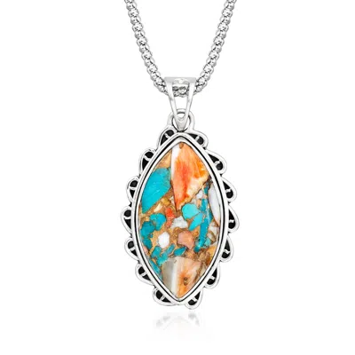 Ross-simons Marquise Turquoise Pendant Necklace In Sterling Silver