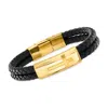 Ross-simons Men's Yellow Stainless Steel Cross Bracelet With Black Leather