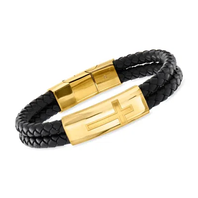Ross-simons Men's Yellow Stainless Steel Cross Bracelet With Black Leather