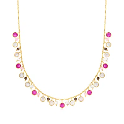 Ross-simons Moonstone, 5mm Cultured Pearl And Multi-quartz Multi-drop Necklace In 18kt Gold Over Sterling