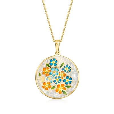Ross-simons Moonstone And Multicolored Enamel Floral Mosaic Pendant Necklace In 18kt Gold Over Sterling