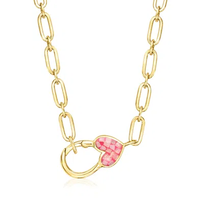 Ross-simons Moonstone And Pink Resin Inlay Heart Lobster Clasp Necklace In 18kt Gold Over Sterling In Multi