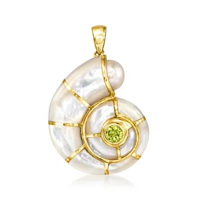 Ross-simons Mother-of-pearl, 7-7.5mm Cultured Pearl And . Peridot Shell Pendant In 14kt Yellow Gold In Green