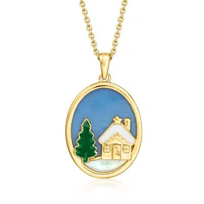 Ross-simons Mother-of-pearl And Blue Opal Winter Scene Pendant Necklace With Enamel In 18kt Gold Over Sterling