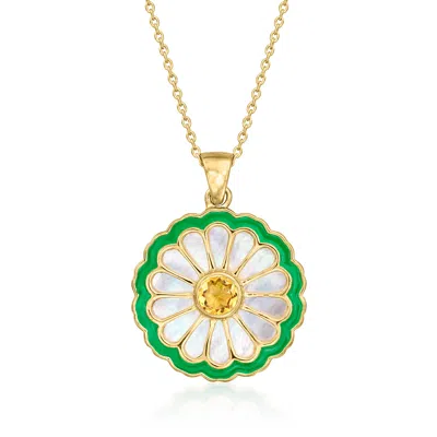 Ross-simons Mother-of Pearl And . Citrine Flower Pendant Necklace With Green Enamel In 18kt Gold Over Sterling In Multi
