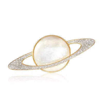 Ross-simons Mother-of-pearl And . Diamond Planet Pin In 18kt Yellow Gold Over Sterling Silver In White