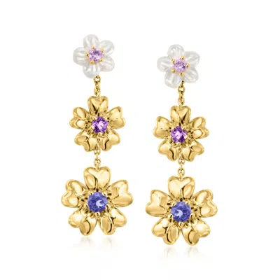 Ross-simons Mother-of-pearl And . Multi-gemstone Flower Drop Earrings In 18kt Gold Over Sterling In Purple