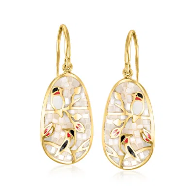 Ross-simons Mother-of-pearl And Multicolored Enamel Bird Drop Earrings In 18kt Gold Over Sterling In White