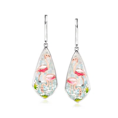 Ross-simons Mother-of-pearl And Multicolored Enamel Flamingo Mosaic Drop Earrings In Sterling Silver And 18kt Ro In White