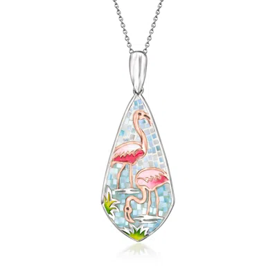 Ross-simons Mother-of-pearl And Multicolored Enamel Flamingo Mosaic Pendant Necklace In Sterling Silver And 18kt