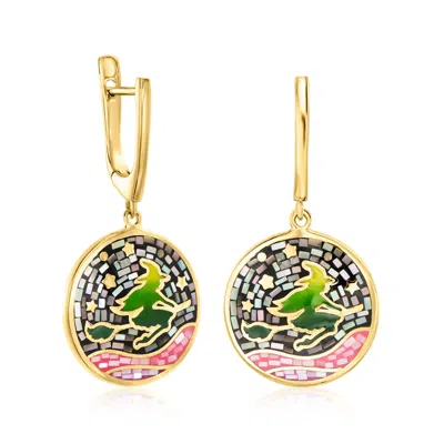 Ross-simons Mother-of-pearl And Multicolored Enamel Witch On Broom Mosaic Drop Earrings In 18kt Gold Over Sterli