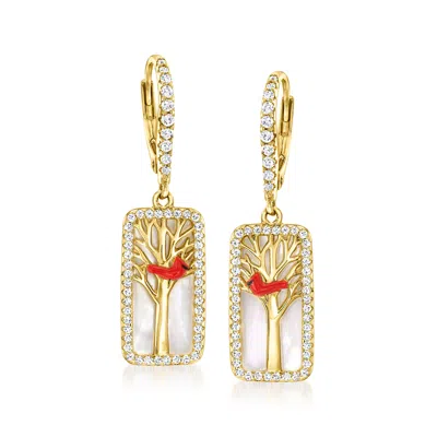 Ross-simons Mother-of-pearl And . White Topaz Cardinal Drop Earrings With Multicolored Enamel In 18kt Gold Over 