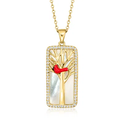 Ross-simons Mother-of-pearl And White Topaz Cardinal Pendant Necklace With Multicolored Enamel In 18kt Gold Over