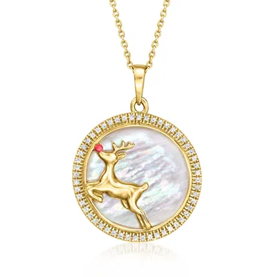 Ross-simons Mother-of-pearl And . White Zircon Reindeer Pendant Necklace With Red Enamel In 18kt Gold Over Sterl