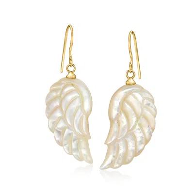Ross-simons Mother-of-pearl Angel Wing Drop Earrings In 14kt Yellow Gold In White