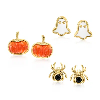 Ross-simons Mother-of-pearl, Carnelian And . Black Spinel Jewelry Set: 3 Pairs Of Halloween Earrings In 18kt Gol In Multi
