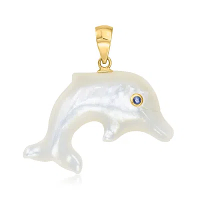 Ross-simons Mother-of-pearl Dolphin Pendant With Single Sapphire In 14kt Yellow Gold In Blue