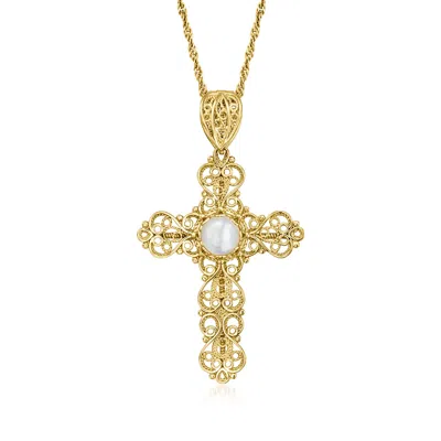 Ross-simons Mother-of-pearl Filigree Cross Pendant Necklace In 18kt Gold Over Sterling In White