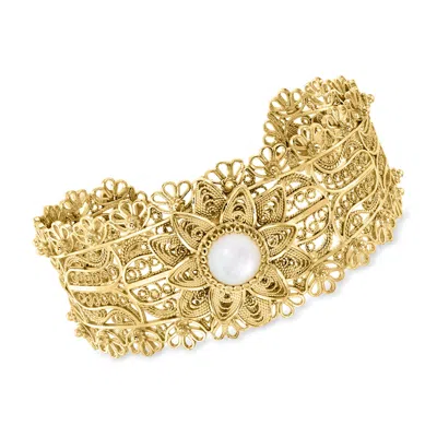 Ross-simons Mother-of-pearl Floral Vintage-style Cuff Bracelet In 18kt Gold Over Sterling In Multi
