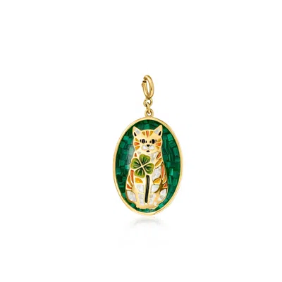 Ross-simons Mother-of-pearl, Malachite And Multicolored Enamel Cat With Clover Mosaic Charm In 18kt Gold Over St In Green