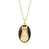 Ross-simons Mother-of-pearl, Onyx And Orange Enamel Cat Mosaic Pendant Necklace In 18kt Gold Over Sterling In Multi