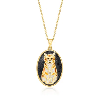 Ross-simons Mother-of-pearl, Onyx And Orange Enamel Cat Mosaic Pendant Necklace In 18kt Gold Over Sterling In Multi