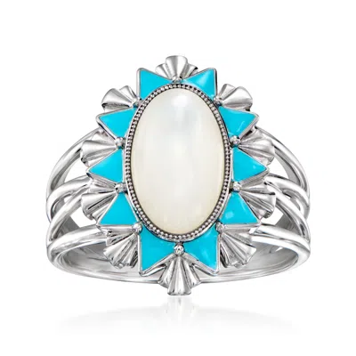 Ross-simons Mother-of-pearl Ring With Blue Enamel In Sterling Silver In White