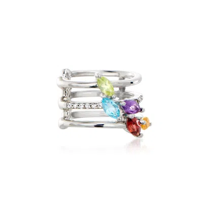 Ross-simons Multi-gemstone 3-row Single Ear Cuff With Diamonds In Sterling Silver