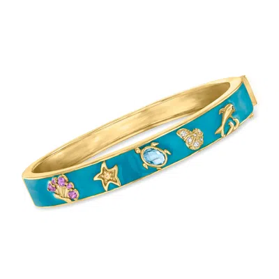 Ross-simons Multi-gemstone And Blue Enamel Sea Life Bangle Bracelet In 18kt Gold Over Sterling