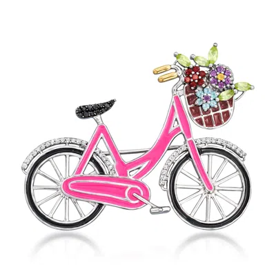 Ross-simons Multi-gemstone And Multicolored Enamel Floral Bike Pin In Sterling Silver And 18kt Gold Over Sterlin