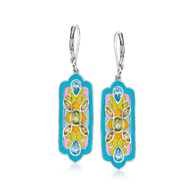 Ross-simons Multi-gemstone And Multicolored Enamel Floral Drop Earrings In Sterling Silver