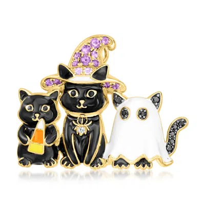 Ross-simons Multi-gemstone And Multicolored Enamel Halloween Cats Pin/pendant In 18kt Gold Over Sterling In Black