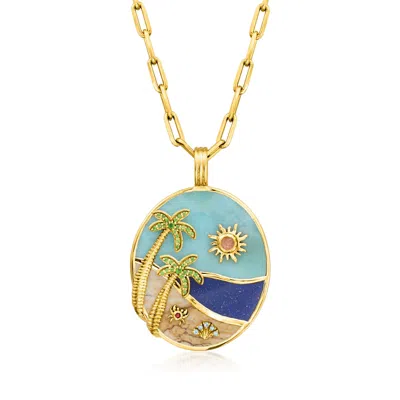 Ross-simons Multi-gemstone Beach Pendant Paper Clip Link Necklace In 18kt Gold Over Sterling