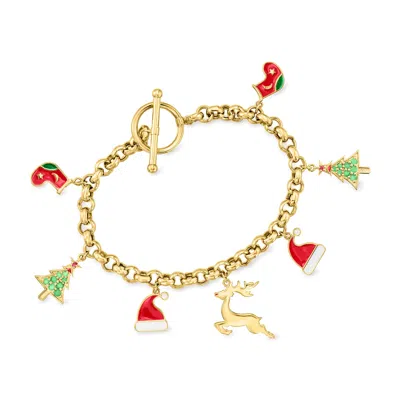 Ross-simons Multi-gemstone Christmas Charm Toggle Bracelet With Multicolored Enamel In 18kt Gold Over Sterling