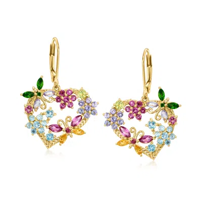 Ross-simons Multi-gemstone Flower And Butterfly Heart Drop Earrings In 18kt Gold Over Sterling