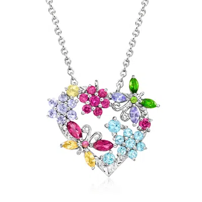 Ross-simons Multi-gemstone Flower And Butterfly Heart Necklace In Sterling Silver