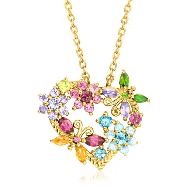 Ross-simons Multi-gemstone Flower And Butterfly Heart Pendant Necklace In 18kt Gold Over Sterling In Pink